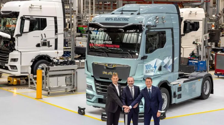 MAN CEO Alexander Vlaskamp, MEP Manfred Weber, and Michael Kobriger launch series production of electric trucks at Munich plant