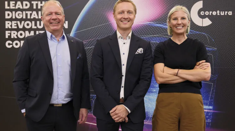 Volvo Group CEO Martin Lundstedt, Coretura CEO Johan Lundén, and Daimler Truck CEO Karin Rådström at the launch of Coretura AB in Gothenburg, June 2025.