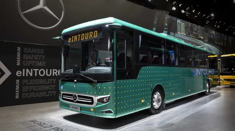 Mercedes-Benz eIntouro all-electric intercity bus unveiled at Busworld Europe 2025 in Brussels.