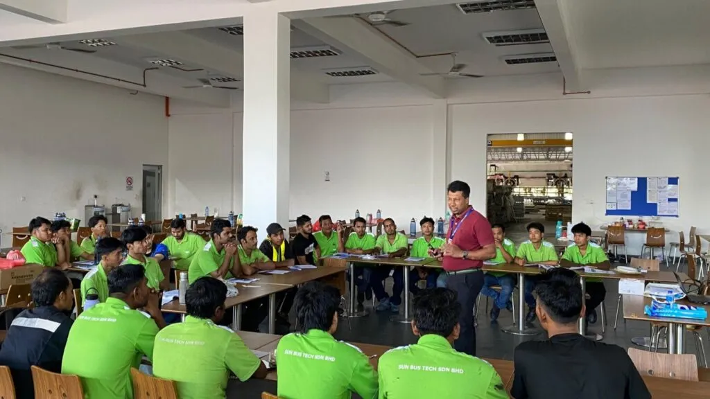 A group of Sun Bus Tech staff attending a theoretical safety instruction session on the Occupational Safety and Health Act and PPE. Photo Credit: Sun Bus Tech/LinkedIn