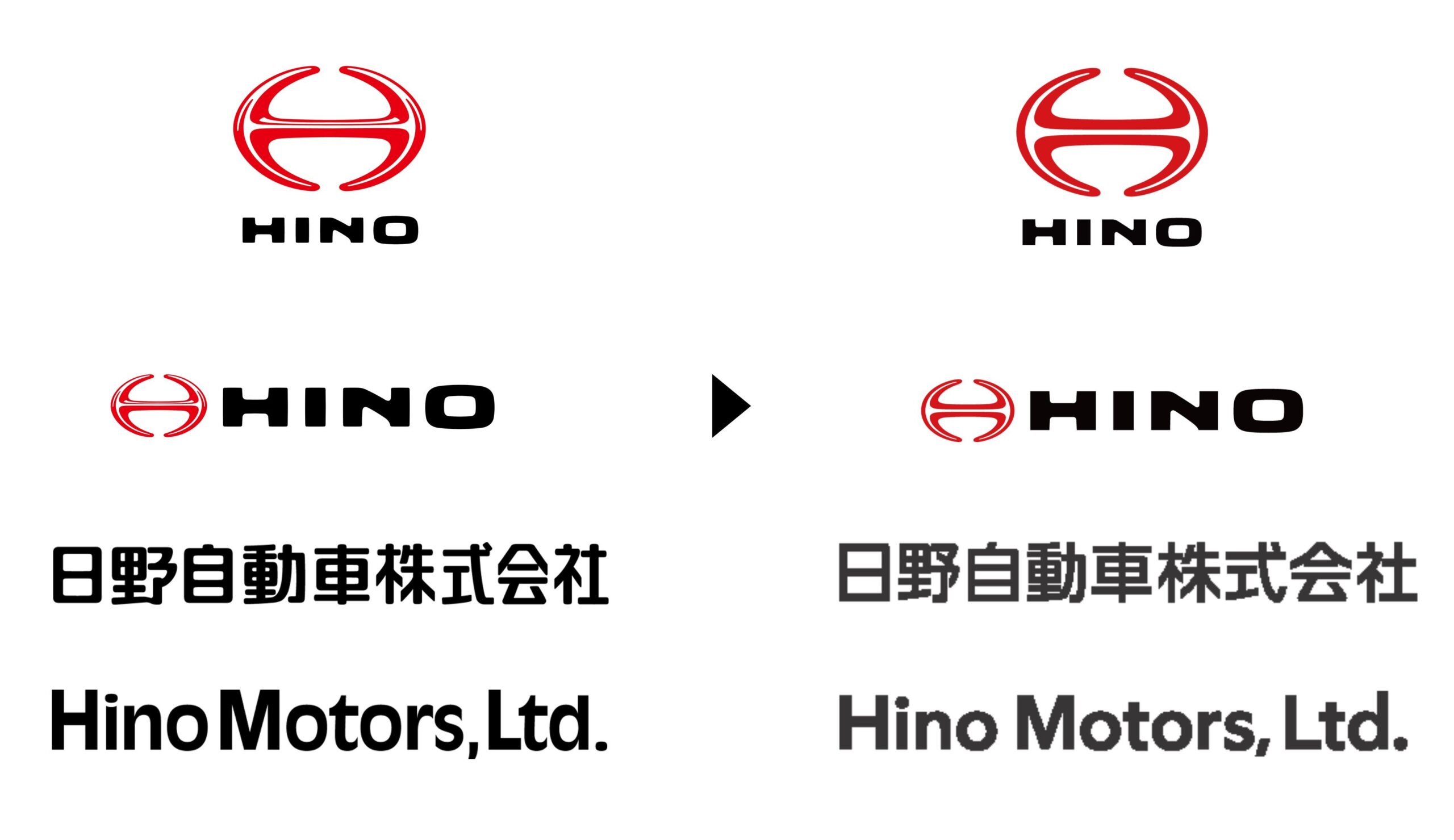 Comparison of Hino Motors old 1994 logo and new 2026 revised corporate identity mark