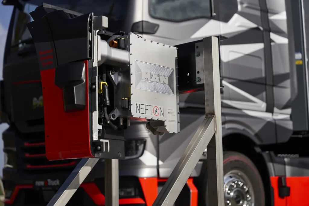 A close-up view of the metallic MAN Nefton Megawatt Charging System. (Photo: MAN Truck & Bus)