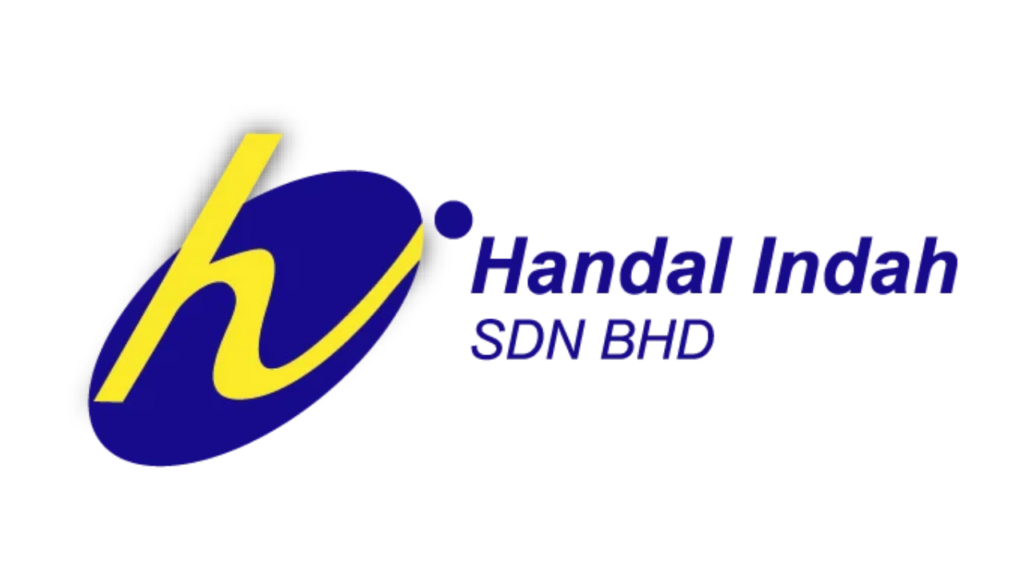 Official corporate graphic logo of Handal Indah Sdn Bhd featuring a stylised yellow letter "h" over a blue oval next to blue text on a white background.